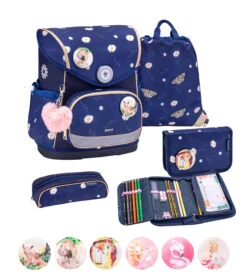 Premium Schulranzen-Set 5tlg. Compact Plus "Daisy" Blau Mit Brustgurt